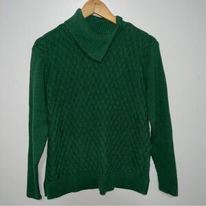 Lands’ End Womens Split Cowl Neck Cable Knit Sweater Chrome Green Size L/P 14-16